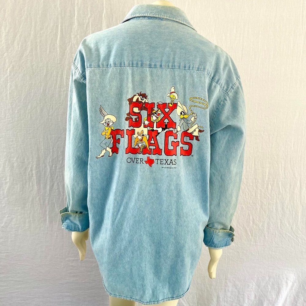 Vintage 1990s Six Flags Denim Jacket - Looney Tunes Button Up - Warner Bros
